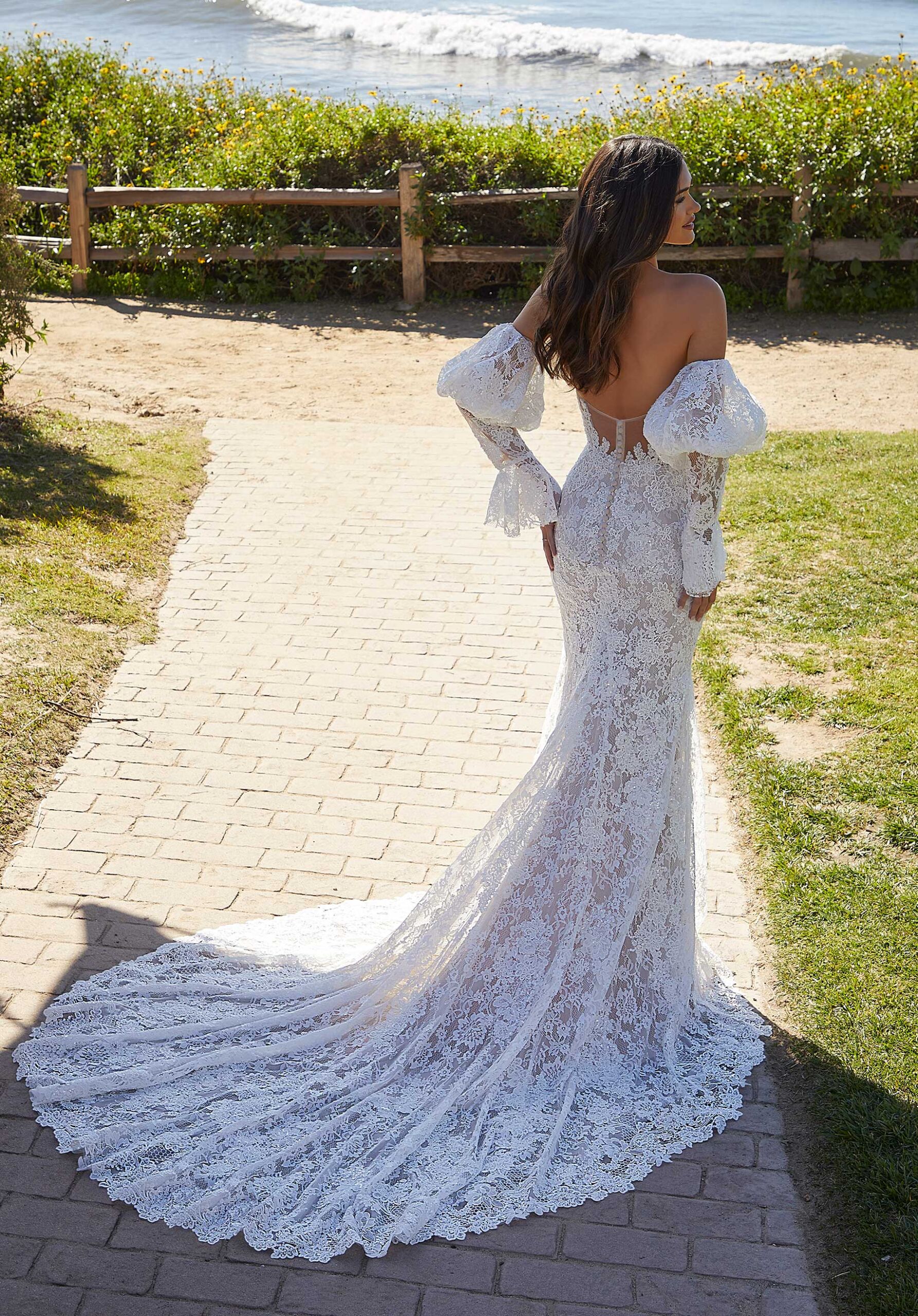 open back wedding dress with long sleeves